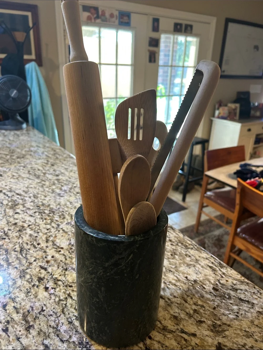 Wooden Kitchen 7 Piece Utensil Set with Black & Dark Green Marble Holder-Kitchen